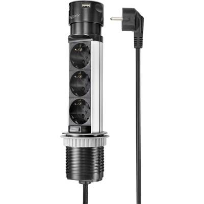 Een inbouw stopcontactblok met drie stopcontacten en een USB-aansluiting, verbonden met een kabel en stekker.