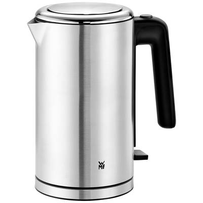 Een RVS waterkoker met zwarte handgreep en schenktuit. Merklogo aan de voorkant.