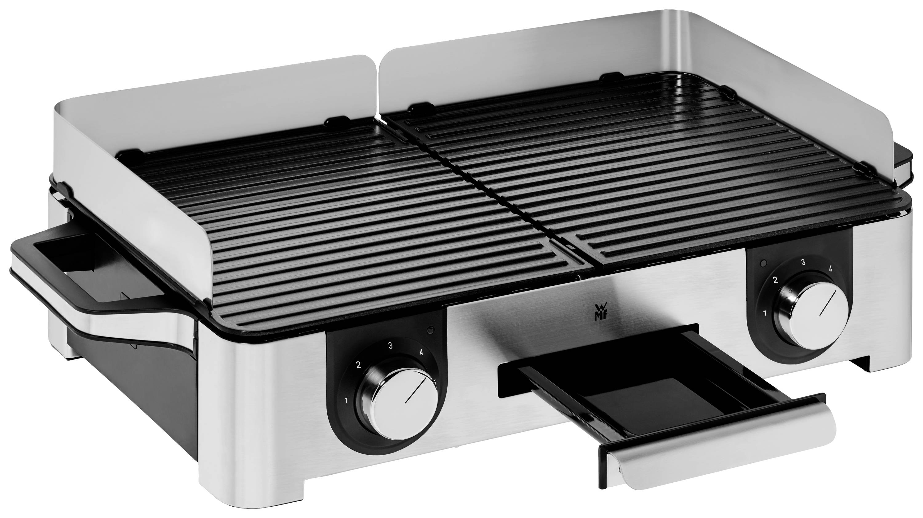 Een elektrische tafelgrill met twee draaiknoppen links en rechts, een uitneembare vetopvangbak en een zwarte grillplaat.