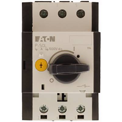 Een draaischakelaar op een elektrisch apparaat, gemarkeerd met 'P-SOL', 'Ie 1A', en 'Ue 1000V dc'. Merklogo linksboven.