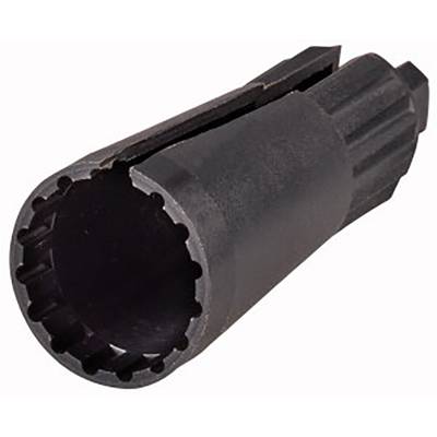 Een zwart, cilindrisch gereedschap met gegroefde handgreep en getande opening, vermoedelijk bedoeld voor mechanische toepassingen.