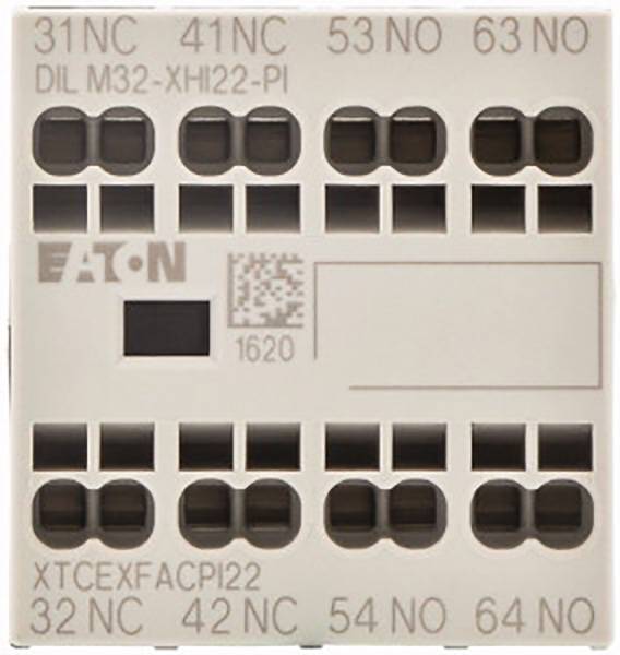 Vooraanzicht van een Eaton-aansluitblok met labels 31NC, 41NC, 53NO, 63NO, QR-code en modelnummers.