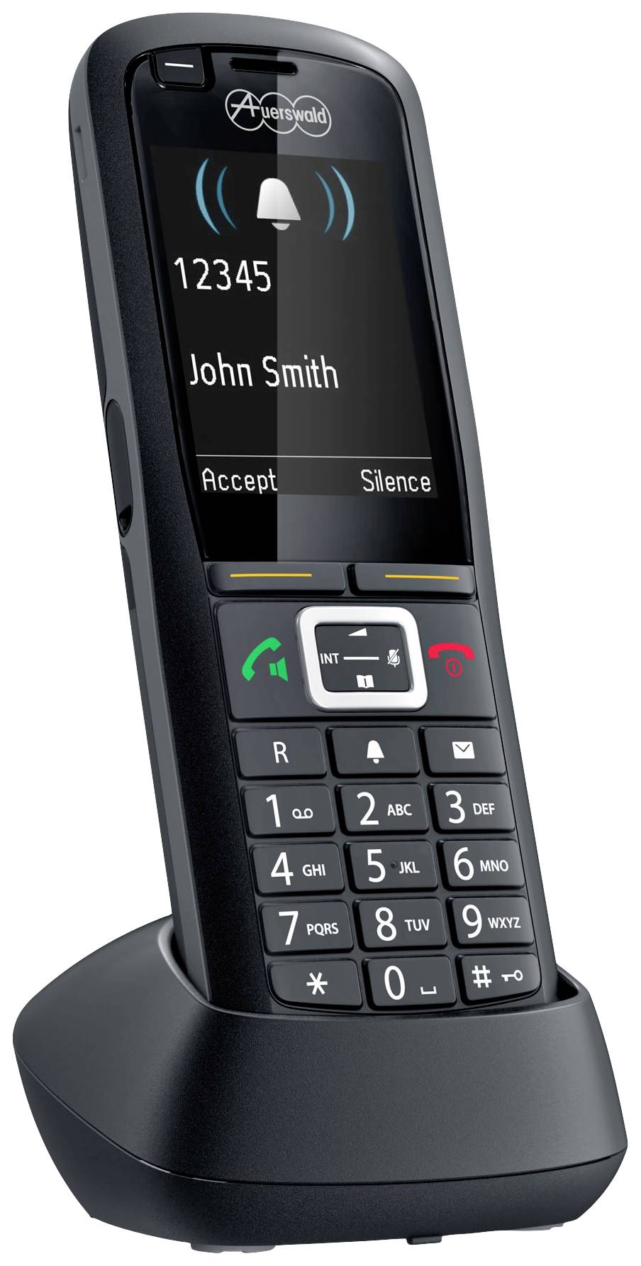 Draadloze telefoon op laadstation toont inkomende oproep van 'John Smith' met opties 'Aannemen' en 'Dempen'.