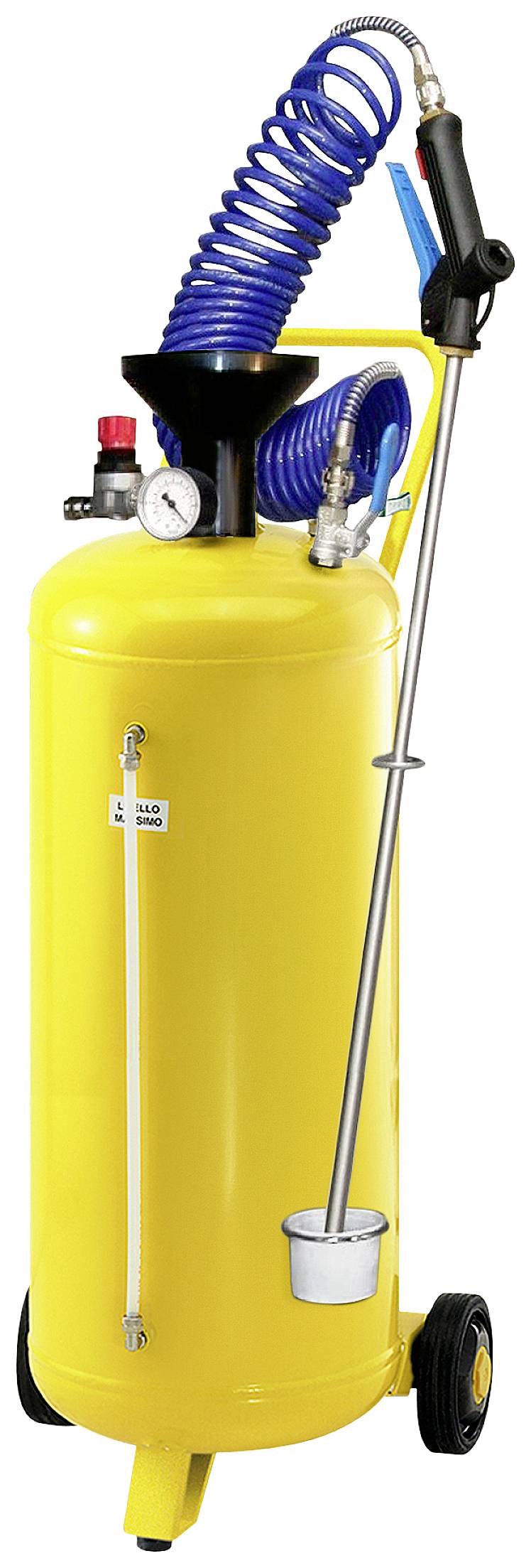Gele spuitspuit met manometer en slang, gemonteerd op twee wielen. Geschikt voor industriële reinigings- of schilderwerkzaamheden.