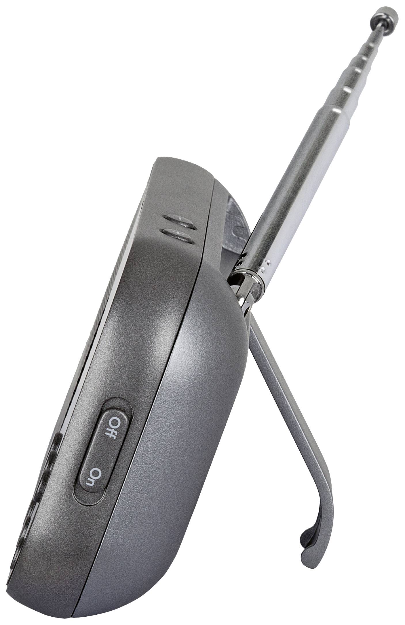 Draagbare FM-radio met uitgeschoven antenne, gefotografeerd vanuit een zijperspectief. Een aan/uit-schakelaar en een volumeregelaar zijn zichtbaar.