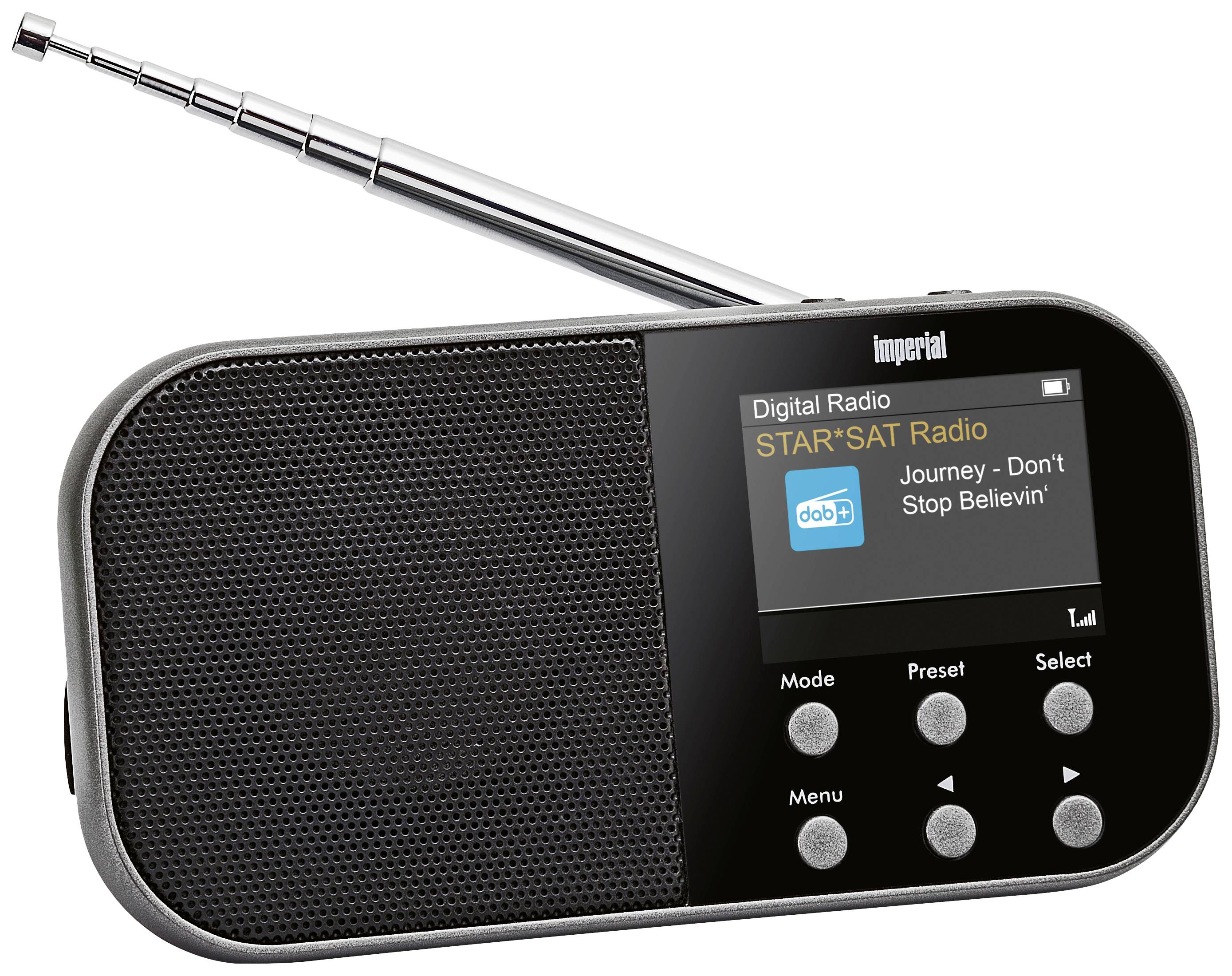 Een digitaal radiotoestel met een display toont 'STAR*SAT Radio' en speelt 'Journey - Don't Stop Believin''.