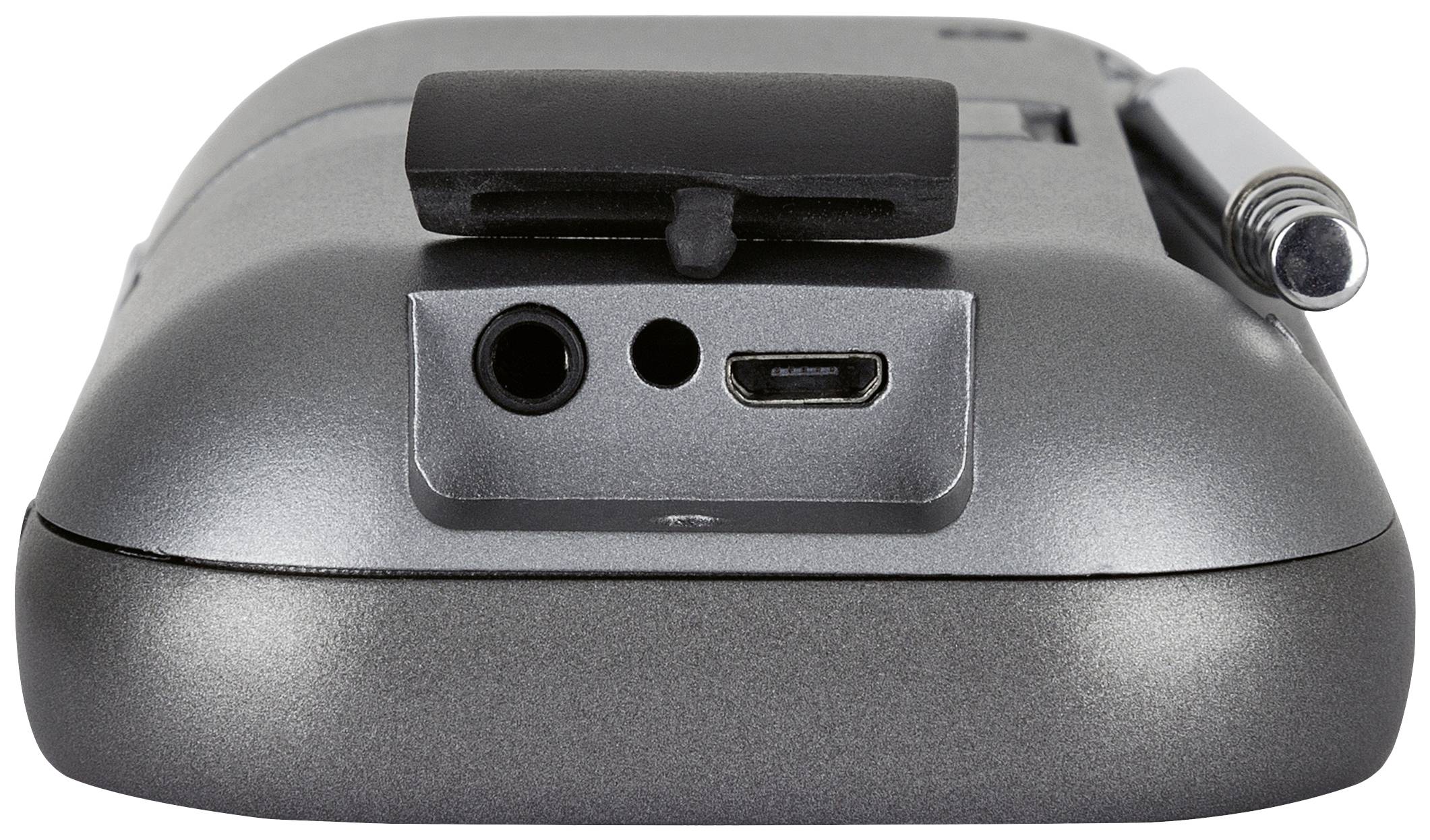 Achterkant van een elektronisch apparaat met audioaansluiting, microfoonaansluiting en Micro-USB-aansluiting. Bovenaan is een pen bevestigd.
