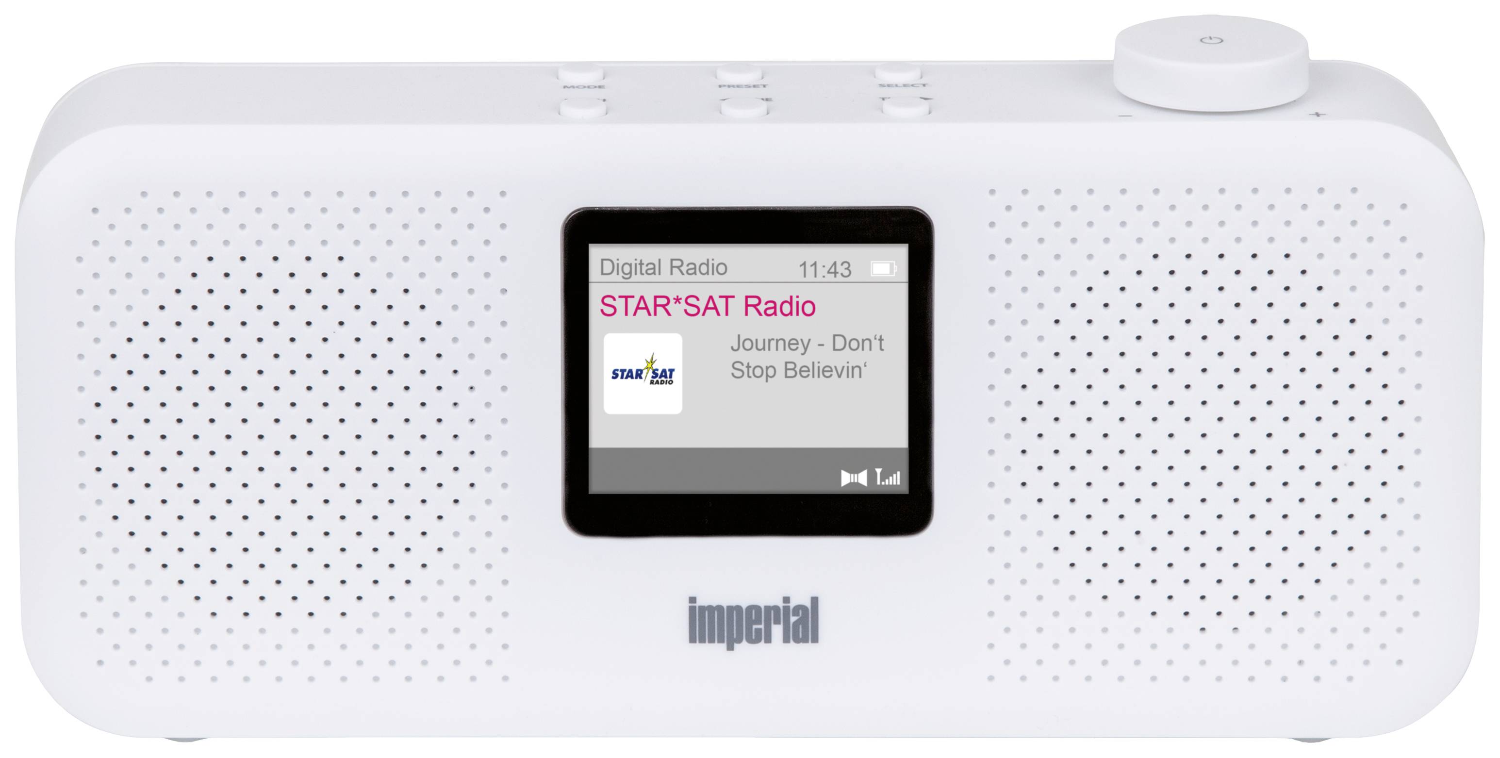 Een wit digitaal radio-apparaat toont op het display 'STAR*SAT Radio' en de titel 'Journey - Don't Stop Believin''.