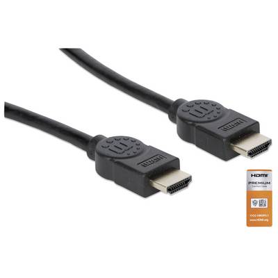 HDMI-kabel met twee aansluitingen en HDMI Premium-certificaat aan de rechterkant.