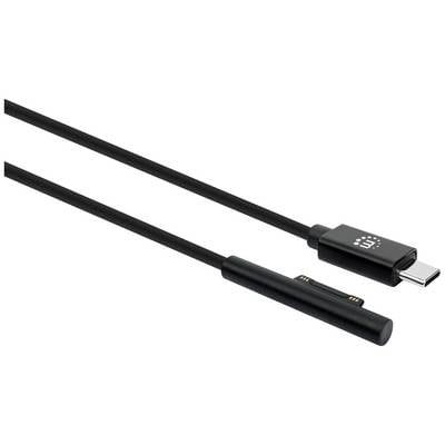 Zwart USB-C-kabel met magnetische aansluiting, geschikt voor het opladen van apparaten. Gegevensopschrift op de stekker met logo zichtbaar.