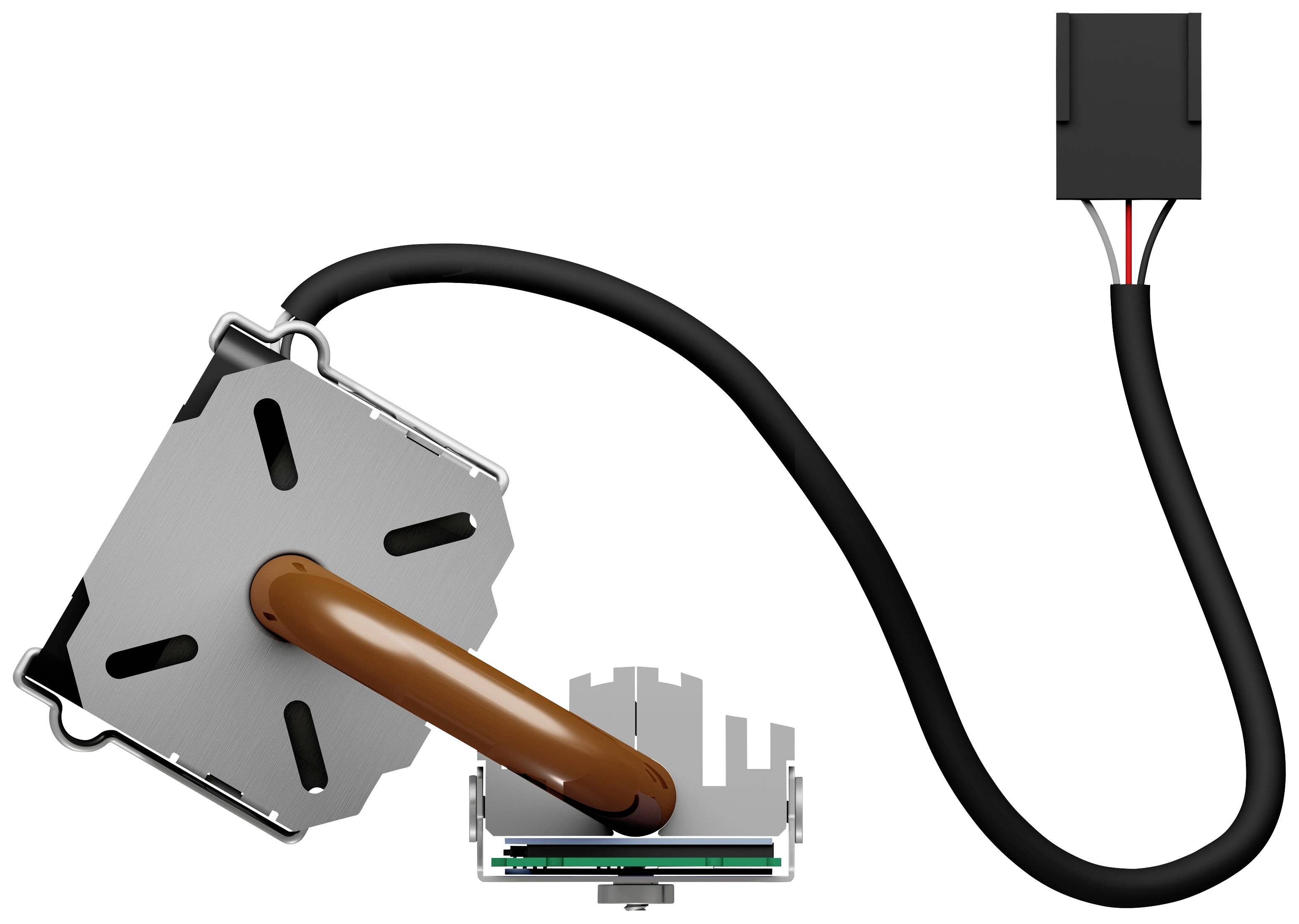 'Een computerventilator met kabel en stekker, geschikt voor het koelen van elektronische componenten. Het ontwerp is compact en functioneel.'