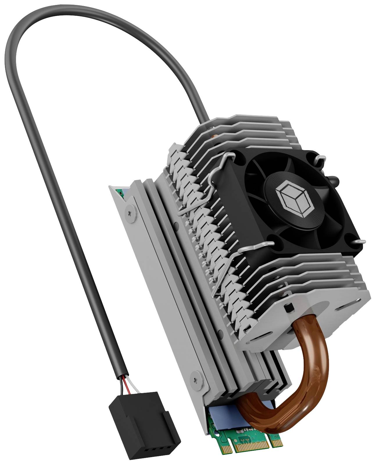 Externe computerventilator met koelribben en kabel; voor de koeling van pc-componenten of processors.