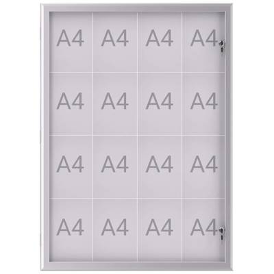 Vitrinekast met zestien A4-vakken, afsluitbaar met transparant frontglas, ideaal voor het presenteren van informatiebladen.