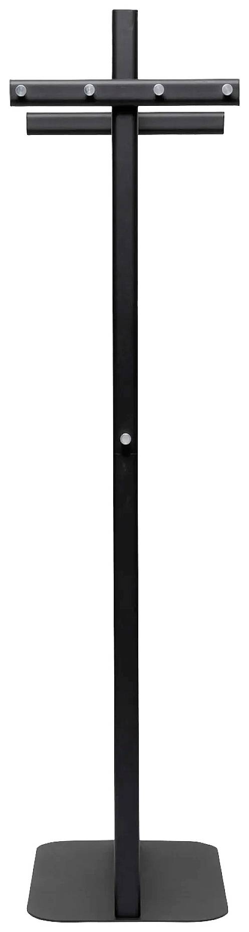 Een slanke, zwarte standaard van metaal met een T-vormige bovenkant, mogelijk geschikt voor presentatie of ophanging.