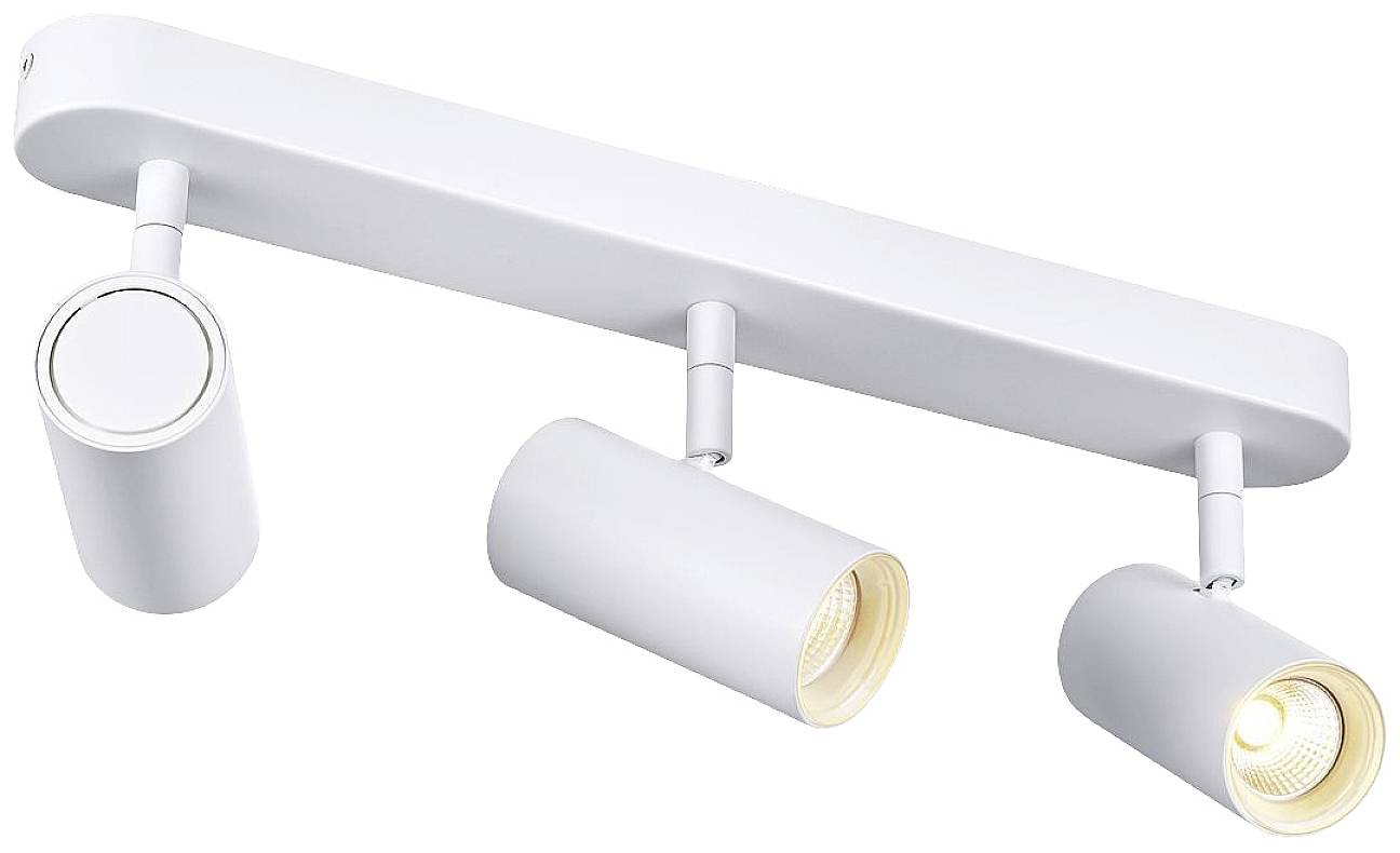 Driearmige, witte LED-plafondspot met cilindrische armaturen, kantelbaar voor flexibele verlichtingsinstellingen.
