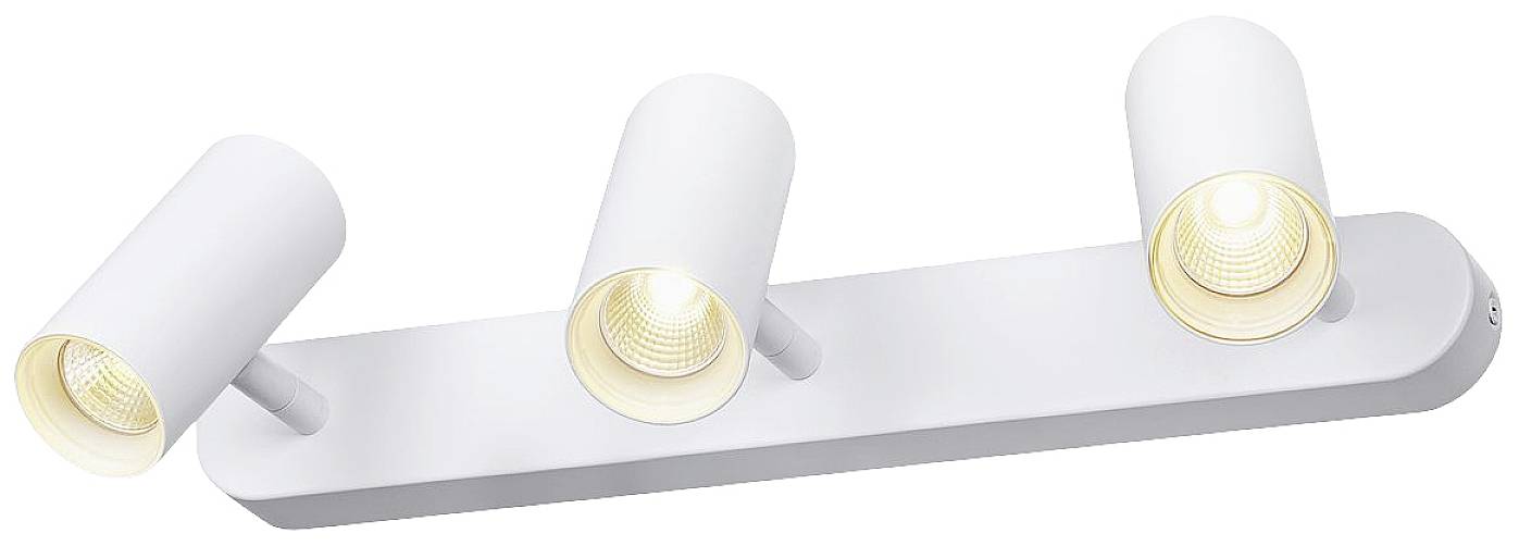Een witte drievoudige plafondlamp met cilindrische spots die in verschillende richtingen wijzen.