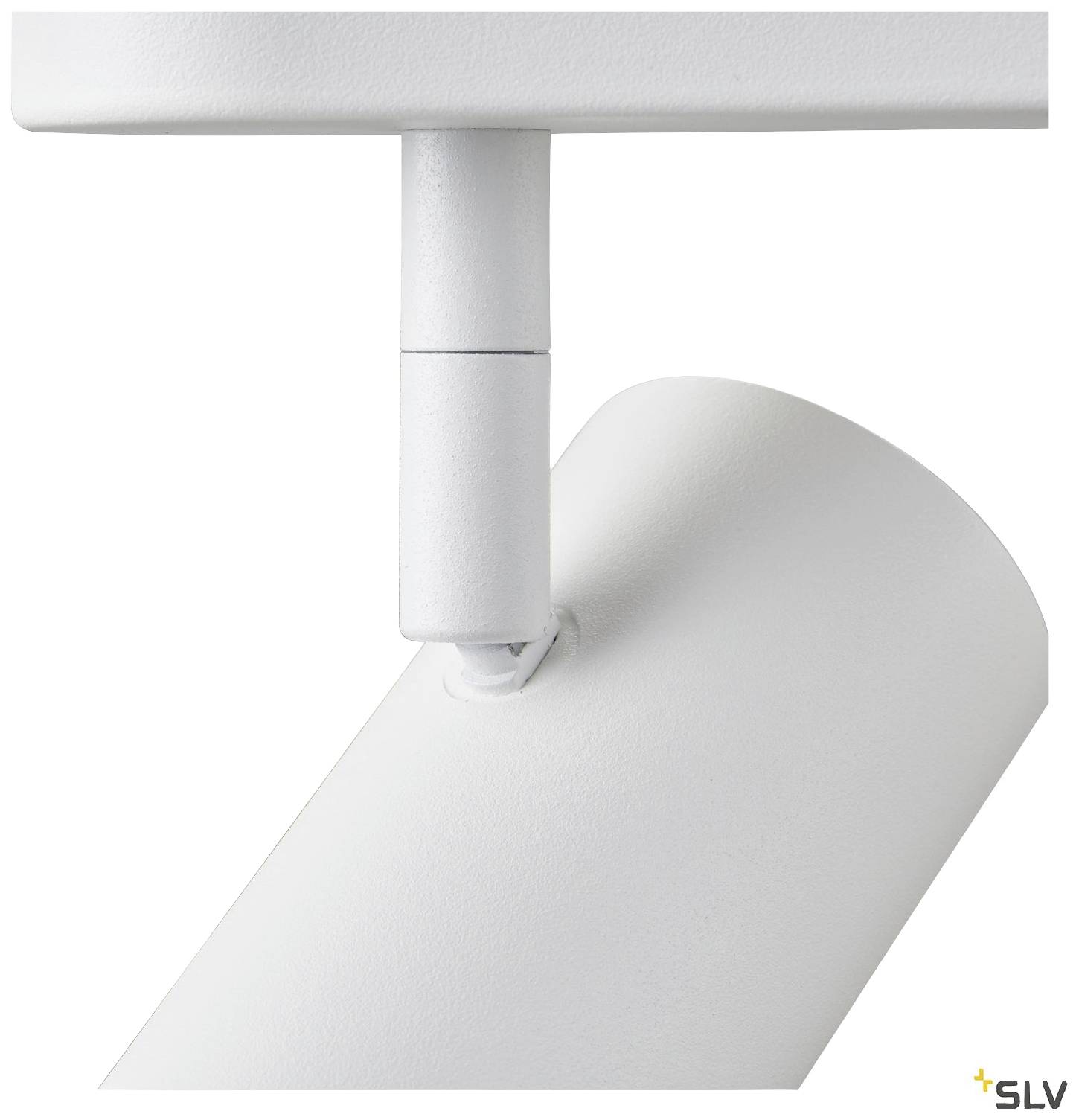 Een witte verstelbare plafondlamp met een cilindrische kop en een draaibaar gewricht.