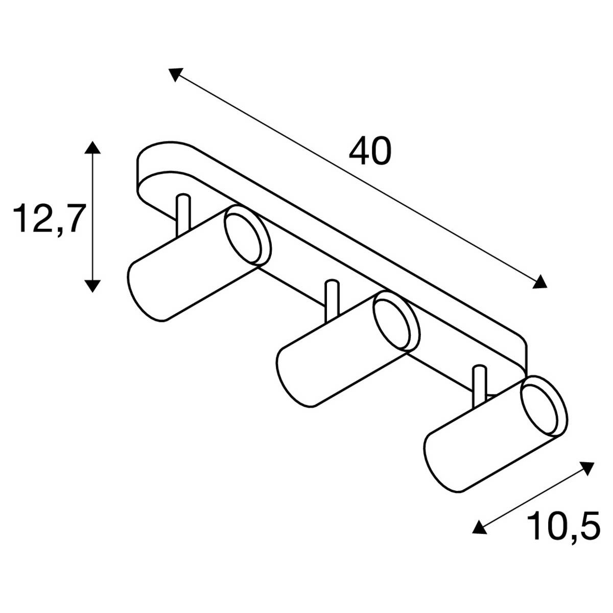 Diagram van een drievoudige plafondlamp met afmetingen: 12,7 cm hoogte, 40 cm breedte, 10,5 cm diepte; toont de verdeling van de verlichting.