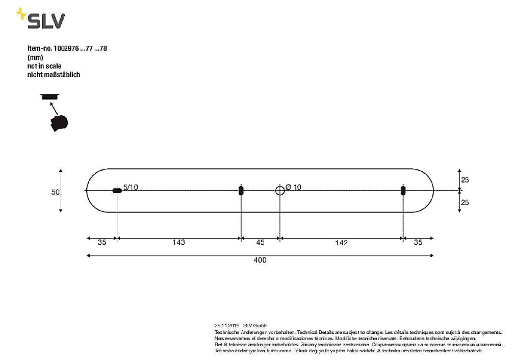 Technische tekening van een ovaal object met afmetingen en boorgaten. Lengte-opgave: 510 mm, boorgaten op 45 mm, 340 mm en 425 mm. SLV-logo linksboven.