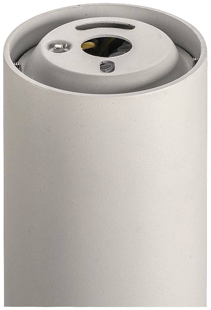 Witte cilindrische lamphouder van metaal met zichtbare binnenwerking.