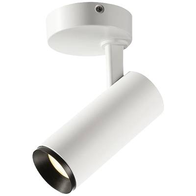Witte plafondlamp met cilindrisch ontwerp en draaibare kop, die naar beneden straalt. Minimalistisch en modern.