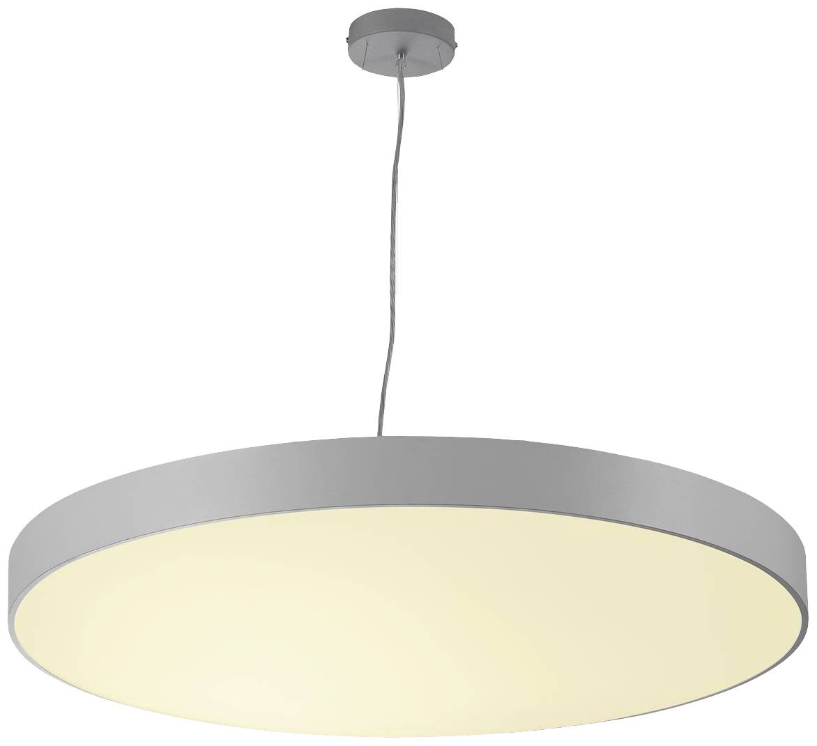 Grote, ronde hanglamp met een grijze rand en zacht, diffuus licht, hangende aan een kabel aan het plafond.