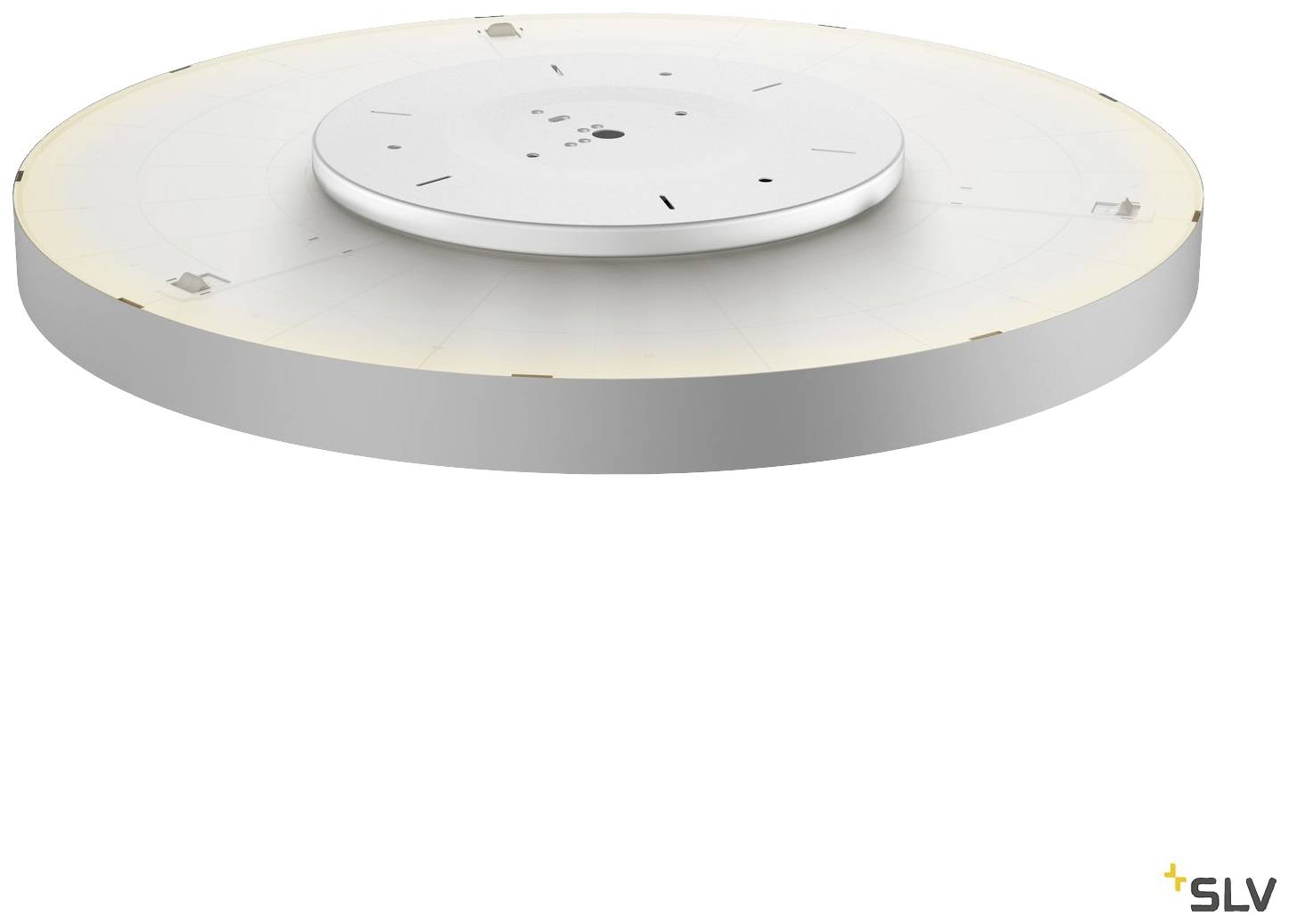 Ronde, platte LED-plafondlamp met grijze rand en centraal wit gedeelte zonder zichtbare gloeilampen, modern design.