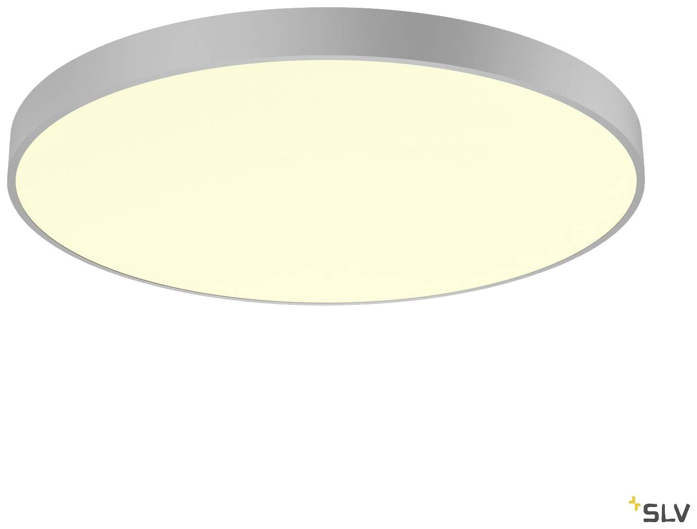Ronde plafondlamp met zilveren rand en diffuse lichtafdekking, biedt gelijkmatige verlichting in binnenruimtes.