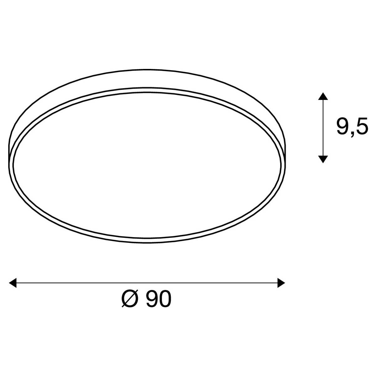 'Tekening van een ronde plafondlamp met een diameter van 90 cm en een hoogte van 9,5 cm.'