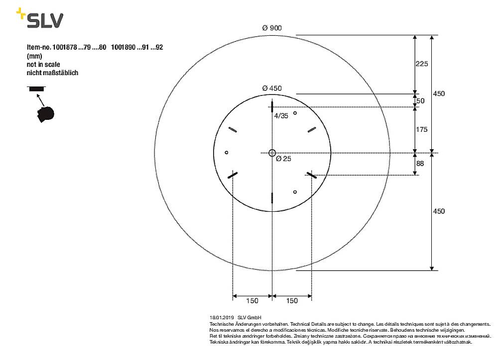 'Technische tekening van een ronde lamp met afmetingen en boorgataansluitingen. Niet op schaal. Product- en artikelnummers vermeld.'