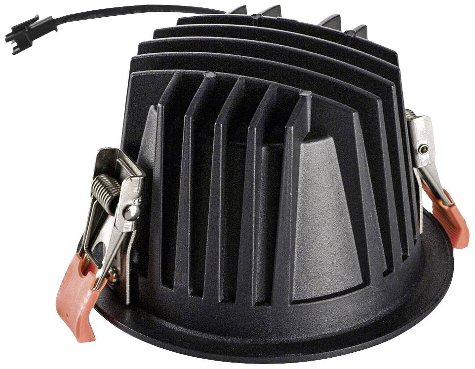 Een zwarte LED-downlight met koelribben en twee veerklemmen voor bevestiging, geschikt voor plafondmontage.