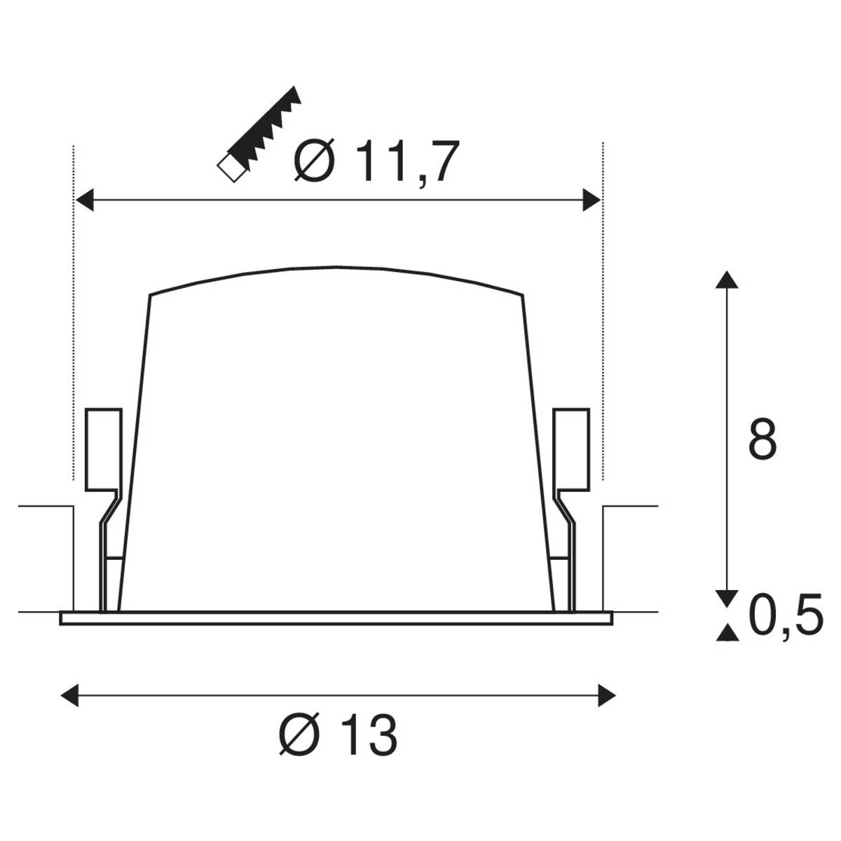 Technische tekening van een cilindrisch object met diameters Ø 11,7 en Ø 13, hoogte 8, en bodemhoogte van 0,5 mm.
