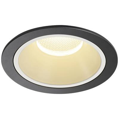 Inbouw-LED-spot in het plafond, zwart omrand, straalt warm licht uit. Energiezuinig en modern voor binnenverlichting.