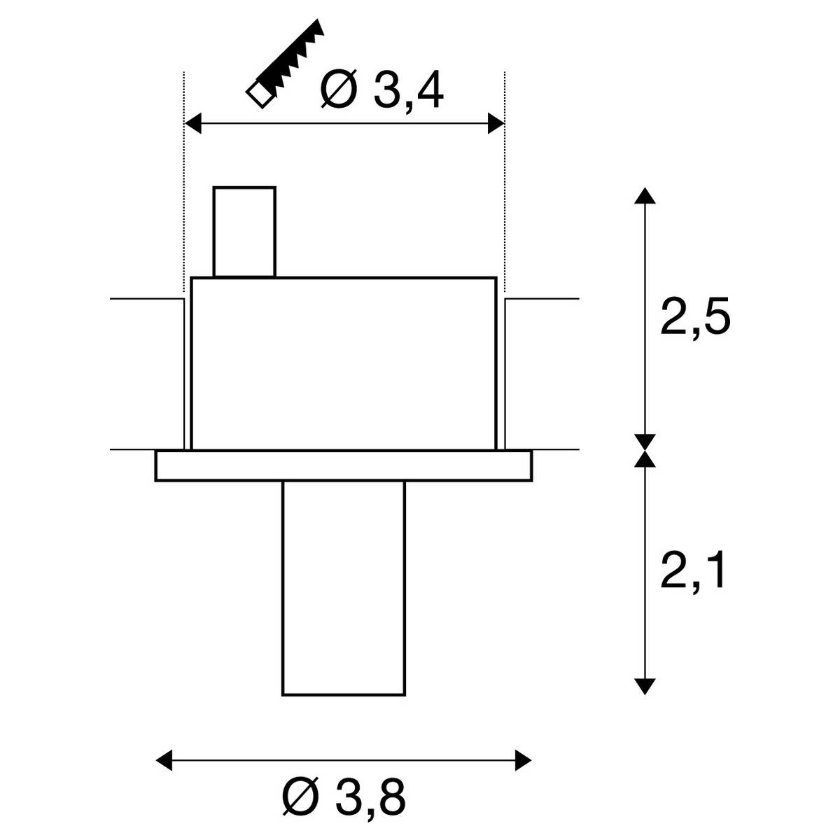Technische tekening van een cilindrische stekker met diameter 3,4 boven, 3,8 onder en een totale hoogte van 2,5; markering geeft zaag aan.