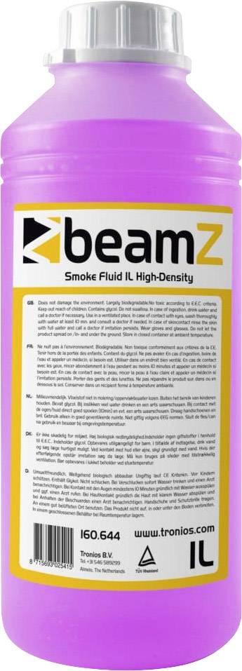 Roze vloeistofffles met opschrift 'beamZ Smoke Fluid High-Density'. Geschikt voor rookmachines, geëtiketteerd volgens veiligheidsinstructies.
