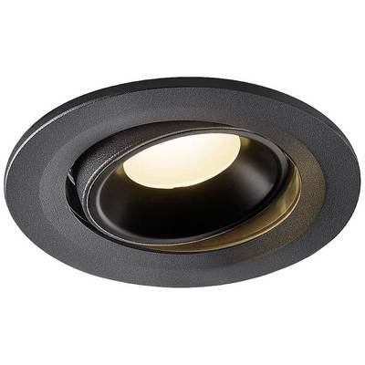Een moderne, ronde inbouwspot met zwarte rand en verstelbare kop, die warmwit licht uitstraalt en geschikt is voor plafondmontage.