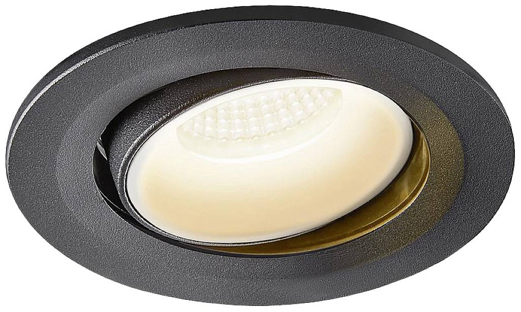Een ronde, zwarte LED-plafondlamp met een draaibare binnenring en warmwit licht, ingebed in een plafond.