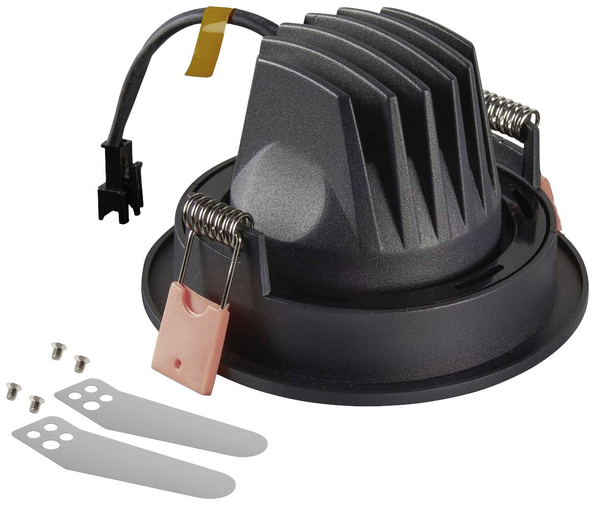 Ronde, zwarte LED-inbouwlamp met koelribben en kabel. Twee montagesteunen en schroeven zijn ernaast geplaatst.