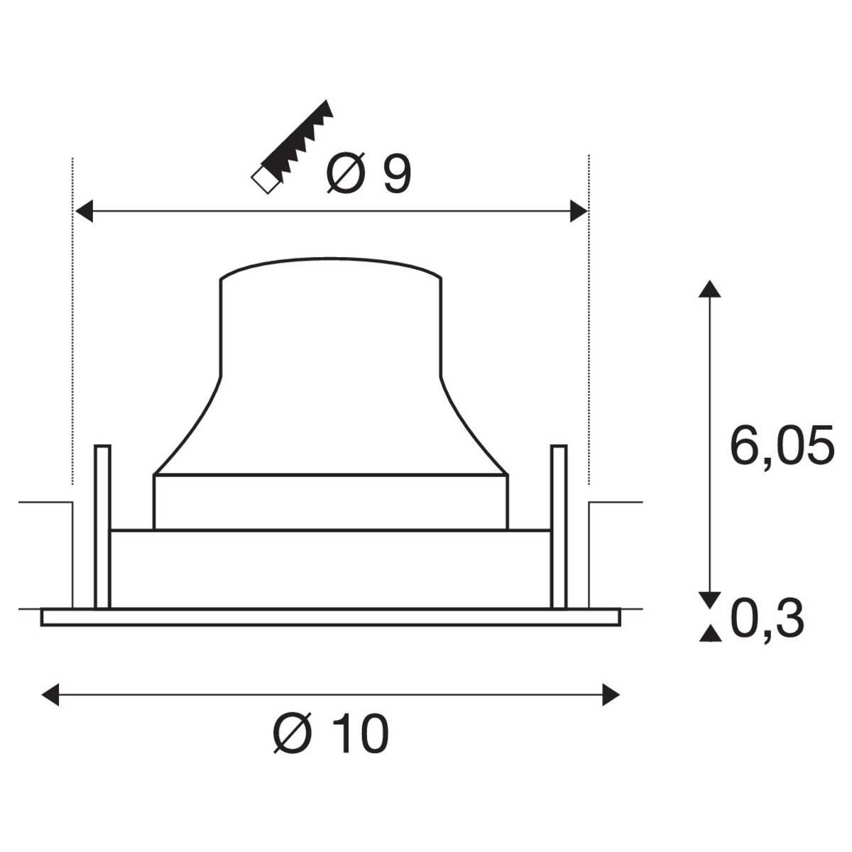 Technische tekening van een ronde inbouwspot met afmetingen: diameter 9 cm, hoogte 6,05 cm, inbouwdiepte 0,3 cm, totale diameter 10 cm.