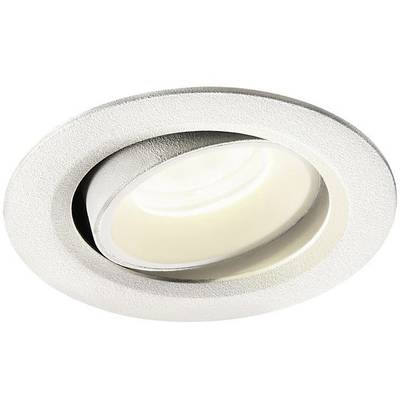 Ronde, witte inbouwspot met draaibare fitting verlicht een ruimte van bovenaf. Hij is minimalistisch en modern vormgegeven.