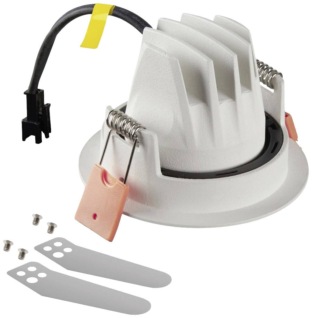 Inbouwlamp met witte koelribben, kabel met zwarte stekker, twee montageklemmen in het oranje en twee metalen clips ernaast.