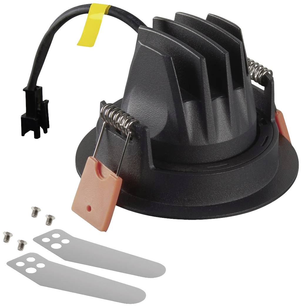 Een ronde, zwarte LED-schijnwerper met koelribben, bedraad, inclusief schroeven en montageklemmen op een witte achtergrond.