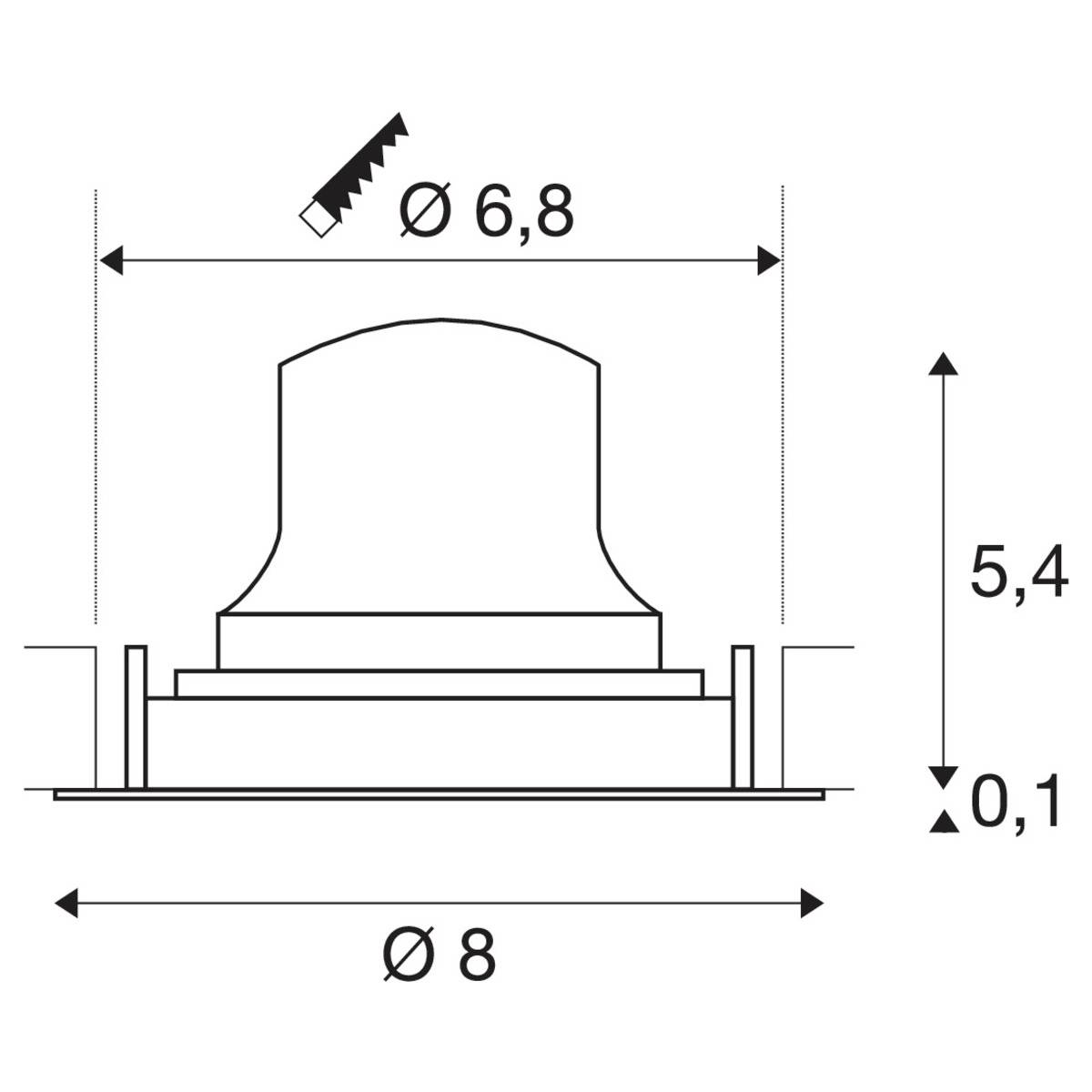 Diagram van een rechthoekig onderdeel met afmetingen Ø8, Ø6,8 en hoogte 5,4. Pijlen en lijnen geven dimensies aan in millimeters.