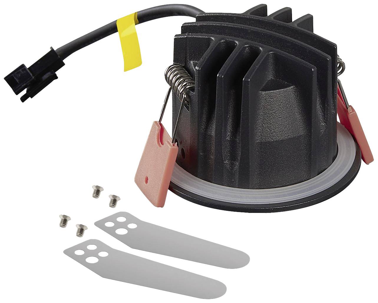 Een zwarte LED-plafondverzonken armatuur met koelribben, bevestigingsclips, twee montageschroeven en kabelaansluiting.