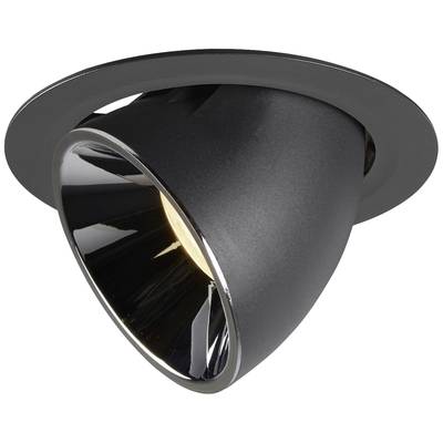 Zwarte inbouwspot met glanzende reflector, toont modern design. Bundelt licht in een specifiek gebied voor gerichte verlichting.