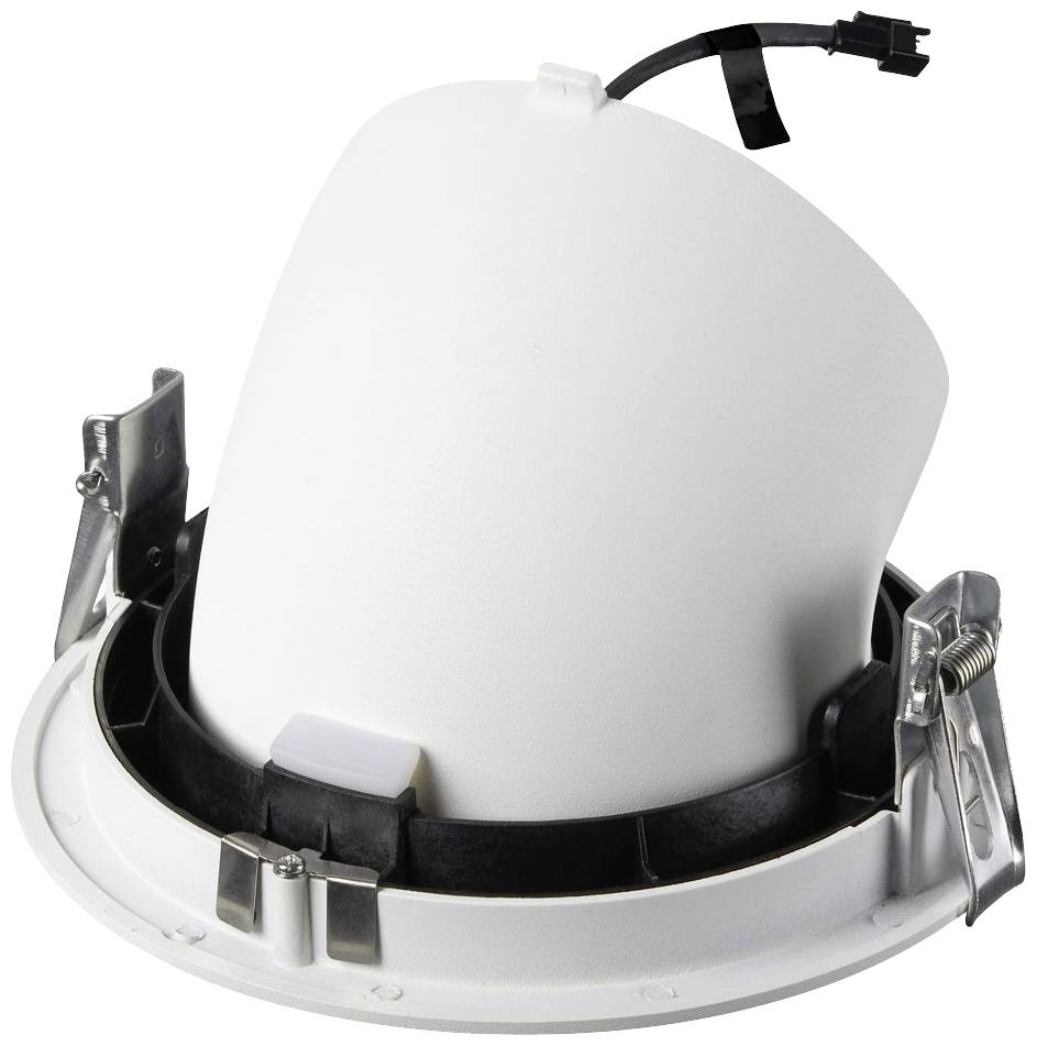 Inbouwspot van wit metaal met twee bevestigingsklemmen. Geschikt voor plafondmontage. Zwart snoer met aansluitstekker.