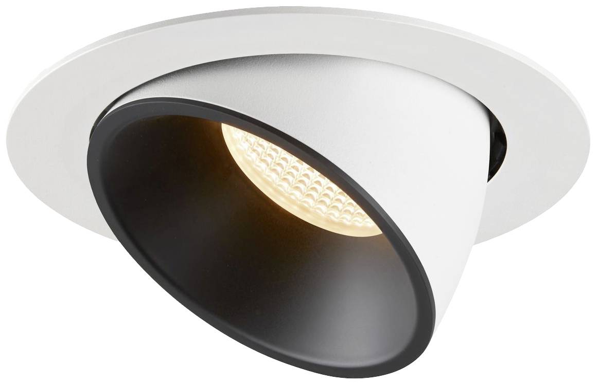 Inbouw LED-plafondspot met zwarte en witte rand, verspreidt warm licht. Geschikt voor moderne interieurs.
