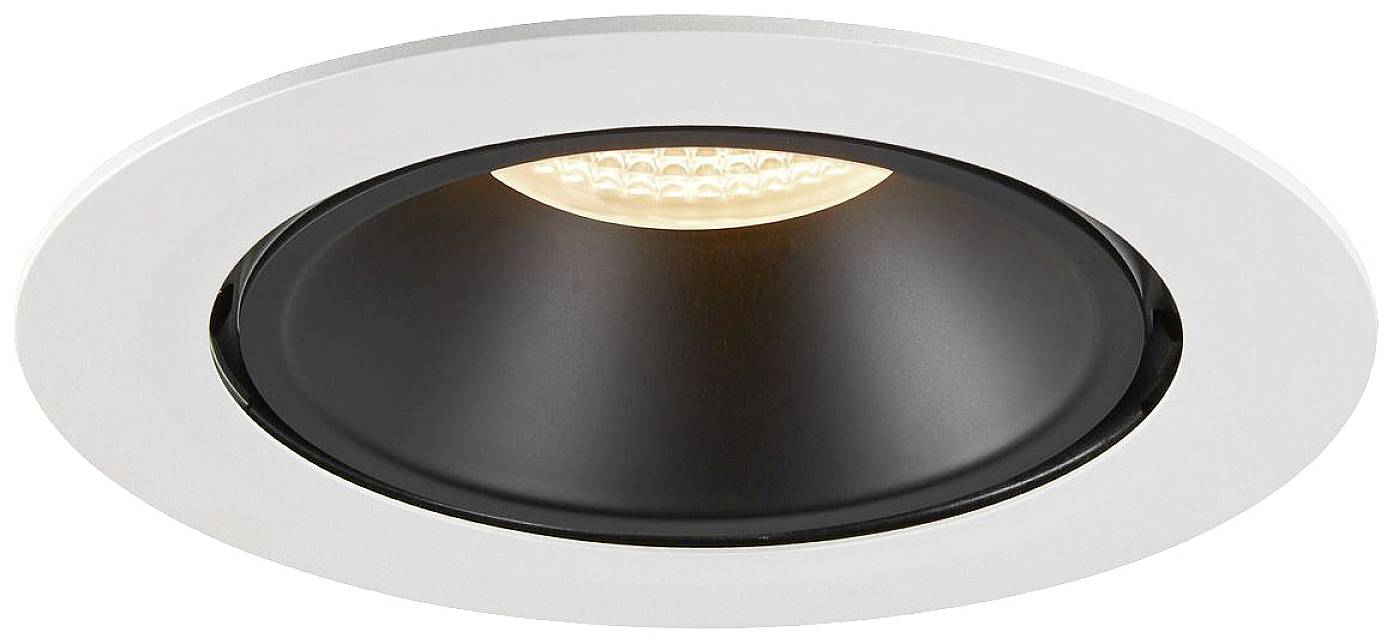 Inbouwspot met een rond wit frame en zwarte binnenkant. Hij geeft warmwit licht en is geschikt voor de woonomgeving.