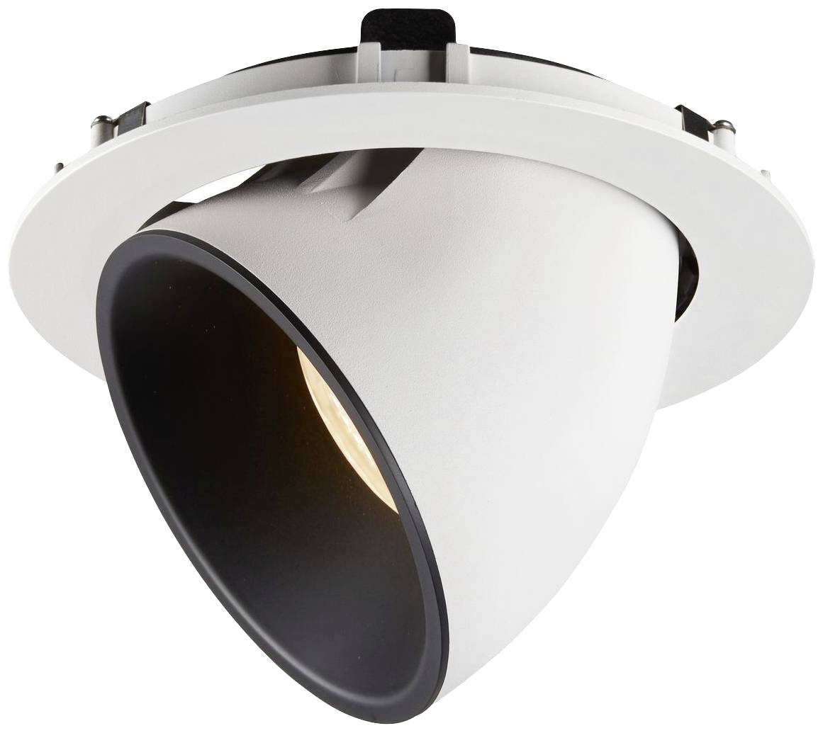 Inbouwspot met verstelbare witte behuizing en zwarte binnenring. De lamp is ingeschakeld en straalt licht naar beneden.