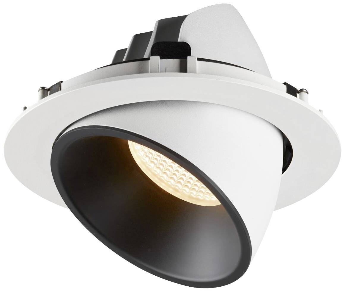 Een witte, ronde inbouwspot met zwarte binnenkant en een lichtgevende LED-lamp. Hij is draai- en kantelbaar voor flexibele verlichting.